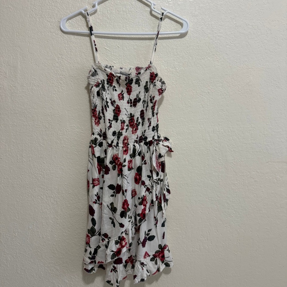 For Justin Floral Smocked Mini Dress Red Rose White Ruffle Small